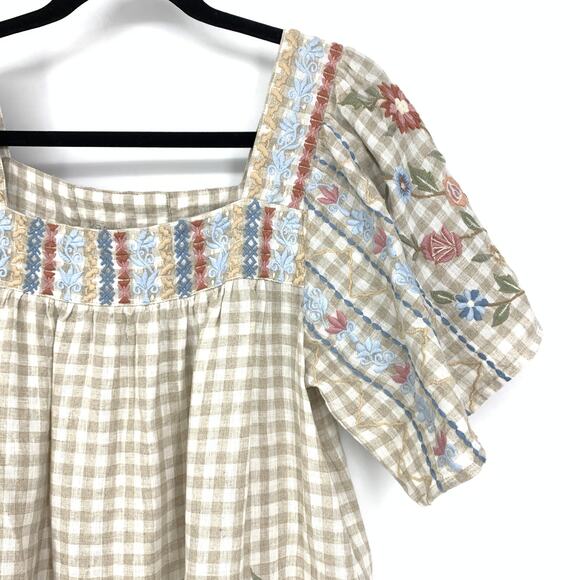 Karyn Seo X Athleta Blouse Women's Sz Small Embroidered Linen Gingham Tan White - Picture 3 of 6